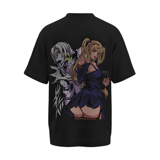 Back view of the premium oversized black t-shirt from Kashiba U with anime design inspired by the Misa Amane from the anime called Death Note printed at the back of the t-shirt. Shop trendy anime merch from the website of Kashiba U online. Buy Now!