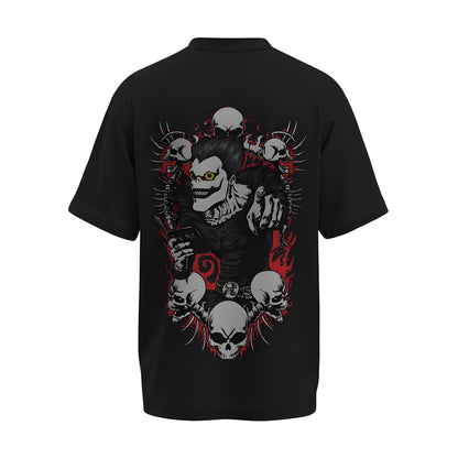 Back view of the premium oversized black t-shirt from Kashiba U with anime design inspired by the Light's Shinigami from the anime called Death Note printed at the back of the t-shirt. Shop trendy anime merch from the website of Kashiba U online. Buy Now!
