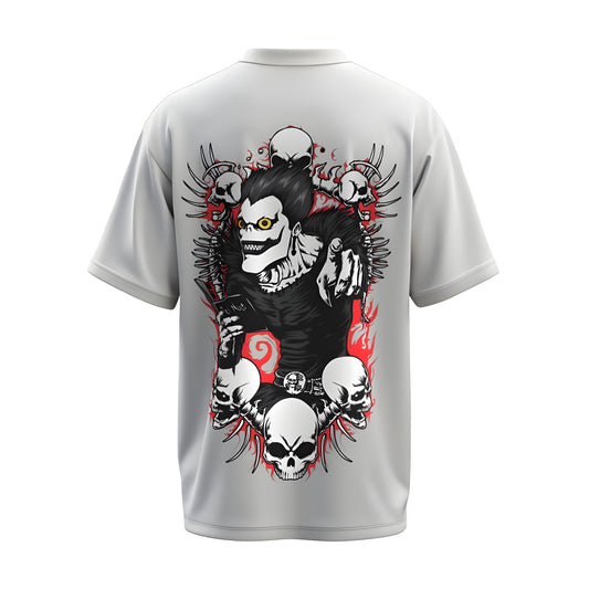 Back view of the premium oversized white t-shirt from Kashiba U with anime design inspired by the Light's Shinigami from the anime called Death Note printed at the back of the t-shirt. Shop trendy anime merch from the website of Kashiba U online. Buy Now!
