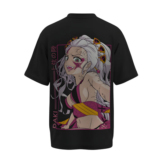 Back view of the premium oversized black t-shirt from Kashiba U with anime design inspired by the Daki in Demon Form from the anime called Demon Slayer printed at the back of the t-shirt. Shop trendy anime merch from the website of Kashiba U online. Buy Now!