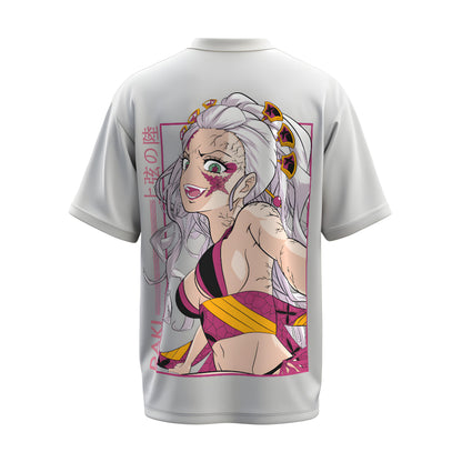 Back view of the premium oversized white t-shirt from Kashiba U with anime design inspired by the Daki in Demon Form from the anime called Demon Slayer printed at the back of the t-shirt. Shop trendy anime merch from the website of Kashiba U online. Buy Now!