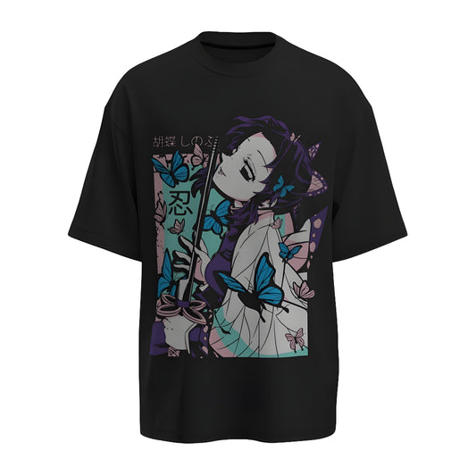 Front view of the premium oversized black t-shirt from Kashiba U with anime design inspired by the Kocho Shinobu from the anime called Demon Slayer printed at the front of the t-shirt. Shop trendy anime merch from the website of Kashiba U online. Buy Now!
