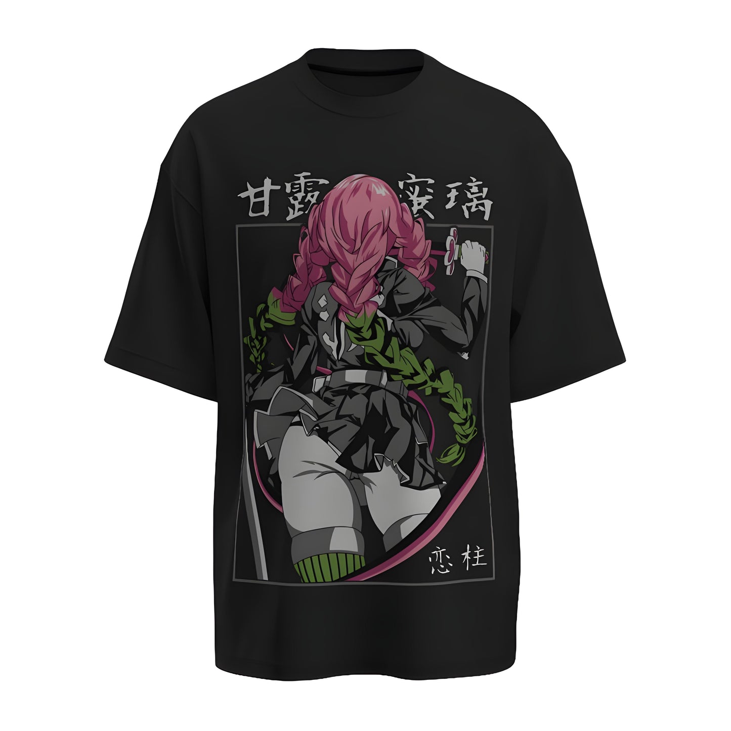 Front view of the premium oversized black t-shirt from Kashiba U with anime design inspired by the Mitsuri from the anime called Demon Slayer printed at the front of the t-shirt. Shop trendy anime merch from the website of Kashiba U online. Buy Now!