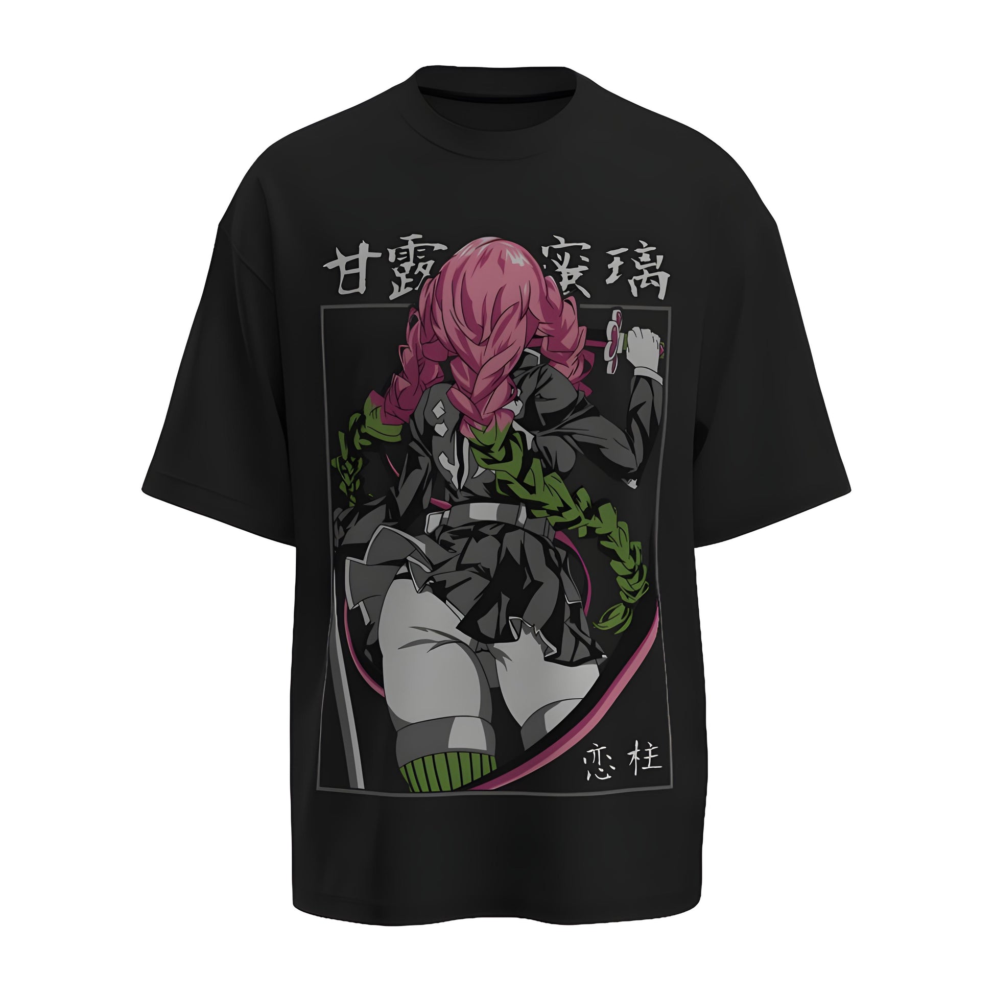 Front view of the premium oversized black t-shirt from Kashiba U with anime design inspired by the Mitsuri from the anime called Demon Slayer printed at the front of the t-shirt. Shop trendy anime merch from the website of Kashiba U online. Buy Now!