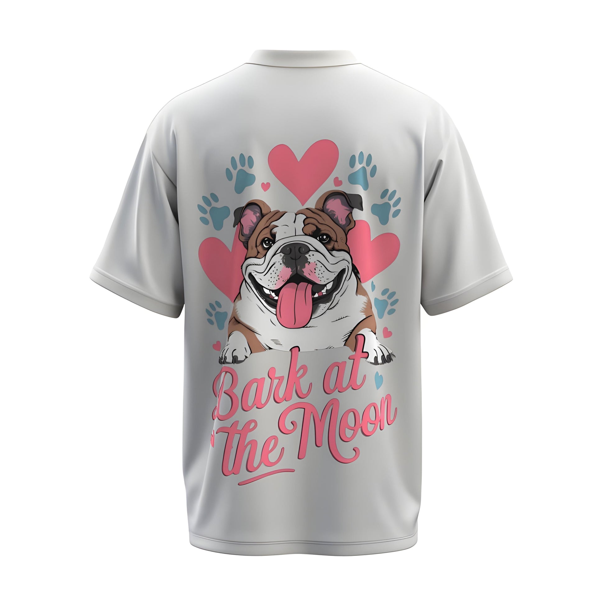 Back view of the premium oversized white t-shirt from Kashiba U with pet design inspired by dogs printed at the back of the t-shirt. Shop trendy dog parent merch from the website of Kashiba U online. Buy Now!