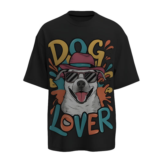 Front view of the premium oversized black t-shirt from Kashiba U with pet design inspired by dogs printed at the front of the t-shirt. Shop trendy dog parent merch from the website of Kashiba U online. Buy Now!