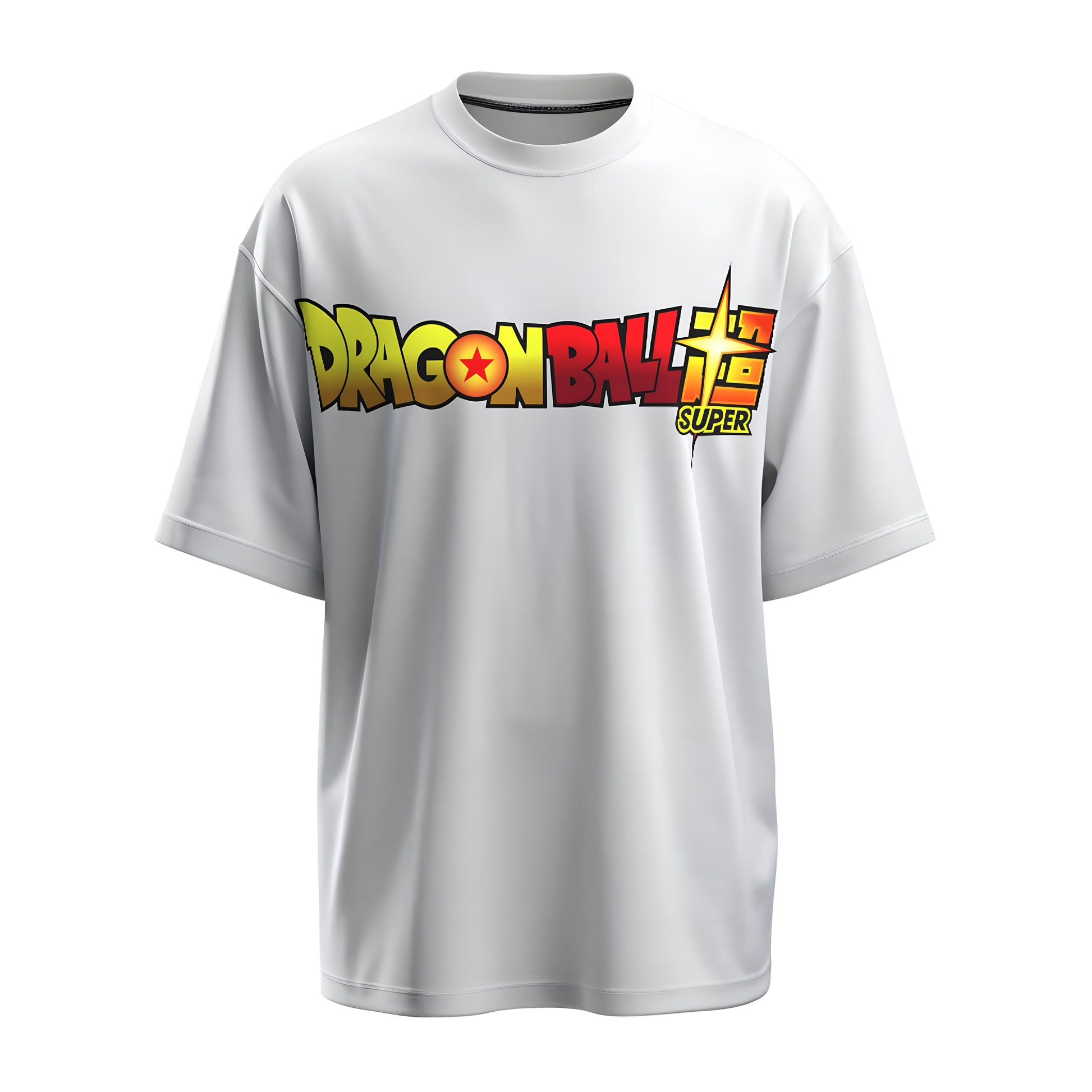 Front view of the premium oversized white t-shirt from Kashiba U with anime logo from the anime called Dragon Ball Z Super printed at the front of the t-shirt. Shop trendy anime merch from the website of Kashiba U online. Buy Now!