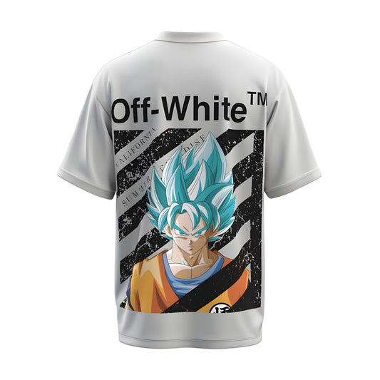 Back view of the premium oversized white t-shirt from Kashiba U with anime design inspired by the Goku in Ultra Instinct Form from the anime called Dragon Ball Z printed at the back of the t-shirt. Shop trendy anime merch from the website of Kashiba U online. Buy Now!