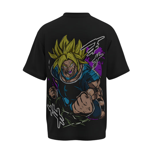 Back view of the premium oversized black t-shirt from Kashiba U with anime design inspired by the Broly from the anime called Dragon Ball Z printed at the back of the t-shirt. Shop trendy anime merch from the website of Kashiba U online. Buy Now!