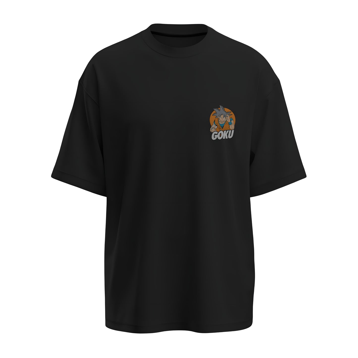 Front view of the premium oversized black t-shirt from Kashiba U with anime design inspired by the Goku from the anime called Dragon Ball Z printed at the upper left of the t-shirt. Shop trendy anime merch from the website of Kashiba U online. Buy Now!
