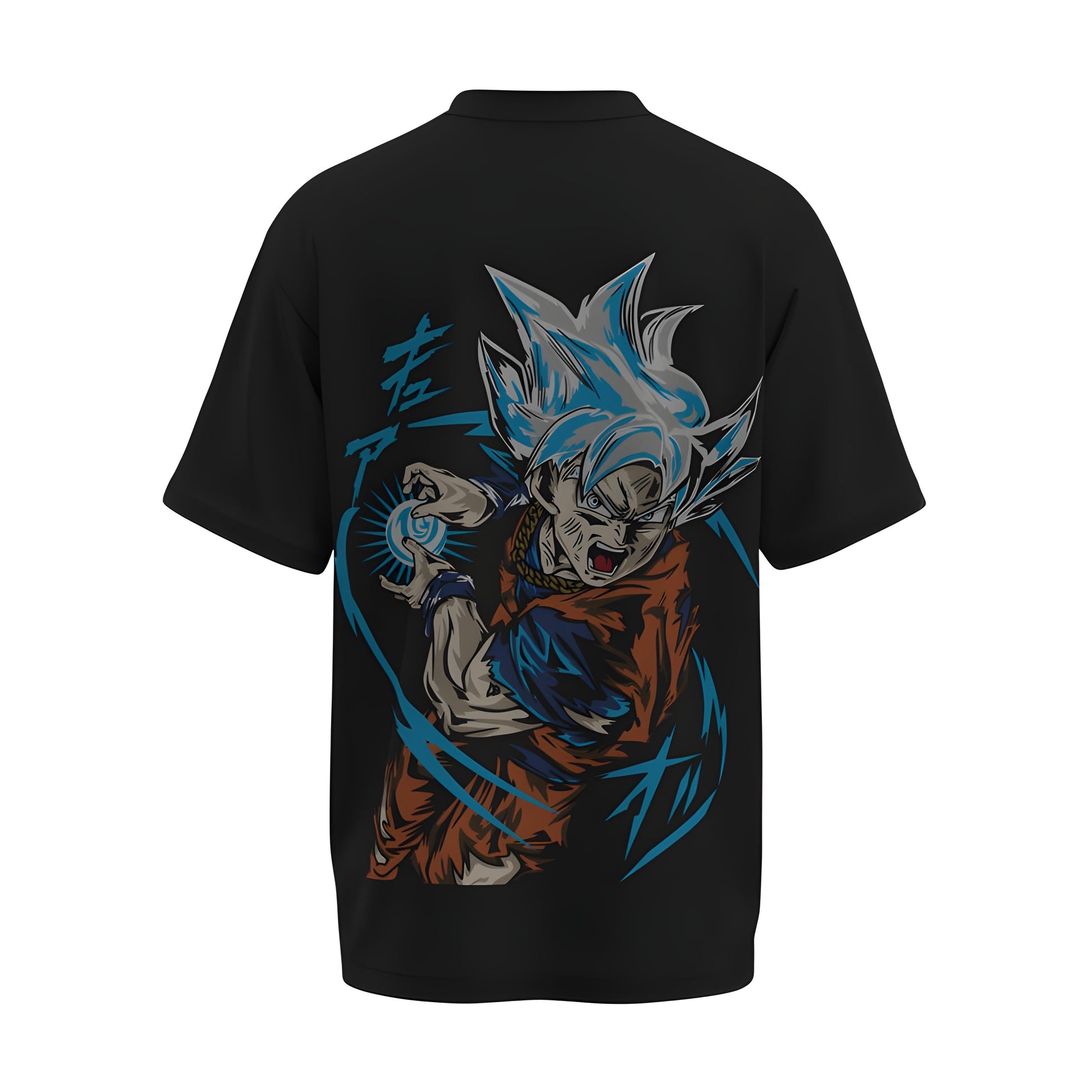 Back view of the premium oversized black t-shirt from Kashiba U with anime design inspired by the Goku doing Kamehameha in Ultra Instinct Form from the anime called Dragon Ball Z printed at the back of the t-shirt. Shop trendy anime merch from the website of Kashiba U online. Buy Now!