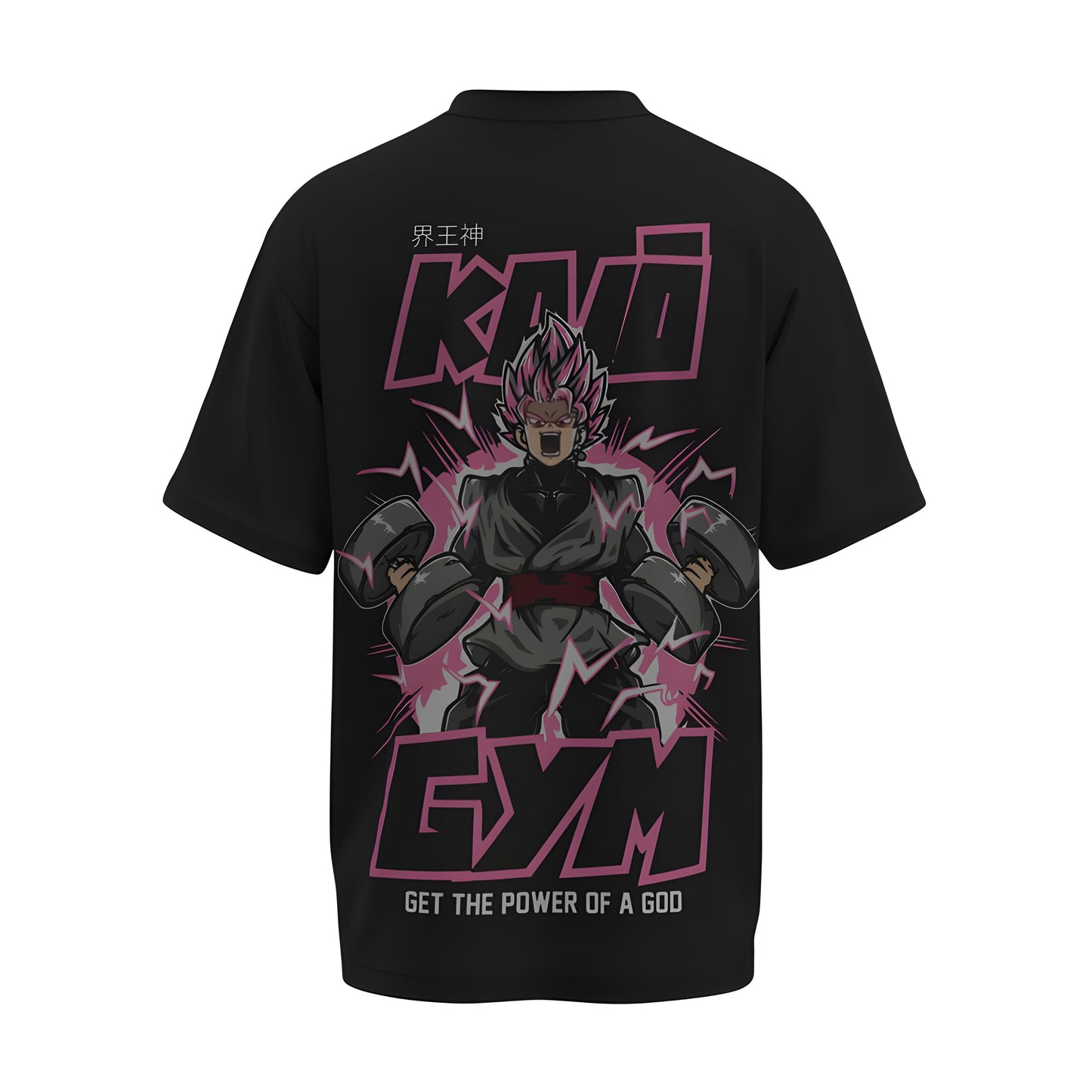 Back view of the premium oversized black t-shirt from Kashiba U with anime design inspired by the Goku Black in Rose Form from the anime called Dragon Ball Z printed at the back of the t-shirt. Shop trendy anime merch from the website of Kashiba U online. Buy Now!