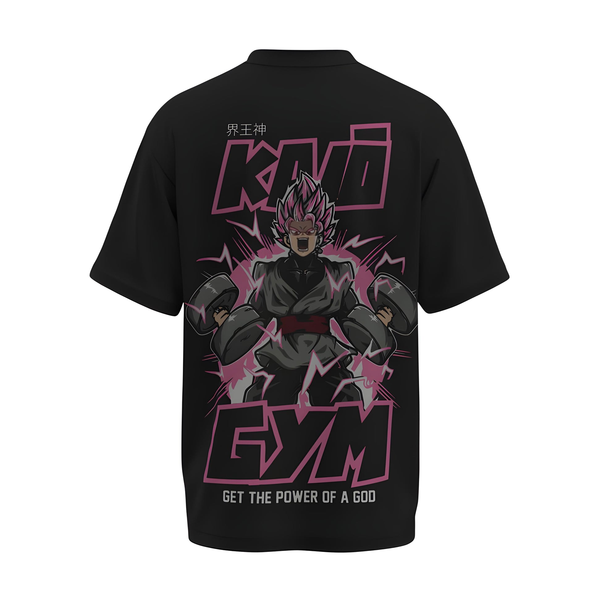 Back view of the premium oversized black t-shirt from Kashiba U with anime design inspired by the Goku Black in Rose Form from the anime called Dragon Ball Z printed at the back of the t-shirt. Shop trendy anime merch from the website of Kashiba U online. Buy Now!