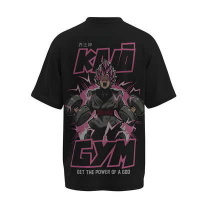 Back view of the premium oversized black t-shirt from Kashiba U with anime design inspired by the Goku Black in Rose Form from the anime called Dragon Ball Z printed at the back of the t-shirt. Shop trendy anime merch from the website of Kashiba U online. Buy Now!
