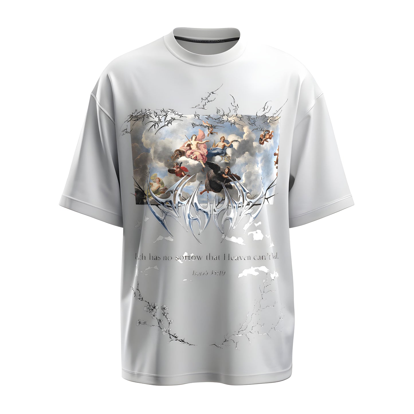 Front view of the limited edition premium oversized white t-shirt from Kashiba U with design inspired by the Faith printed at the back of the t-shirt with spiritual design. Shop trendy clothing from the website of Kashiba U online. Buy Now!