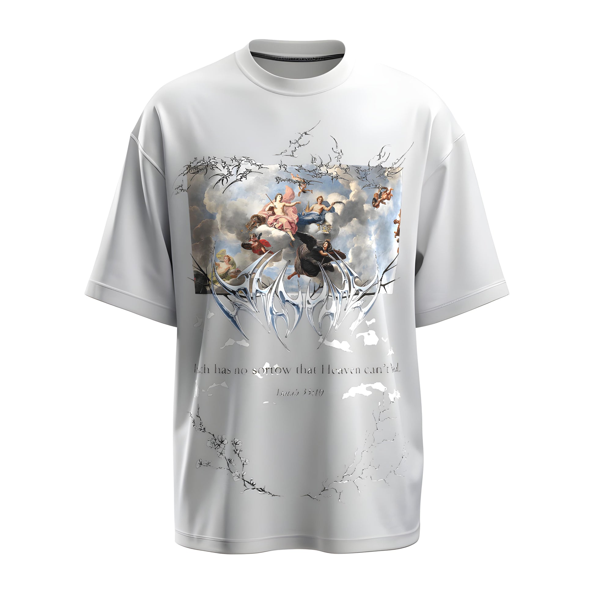 Front view of the limited edition premium oversized white t-shirt from Kashiba U with design inspired by the Faith printed at the back of the t-shirt with spiritual design. Shop trendy clothing from the website of Kashiba U online. Buy Now!