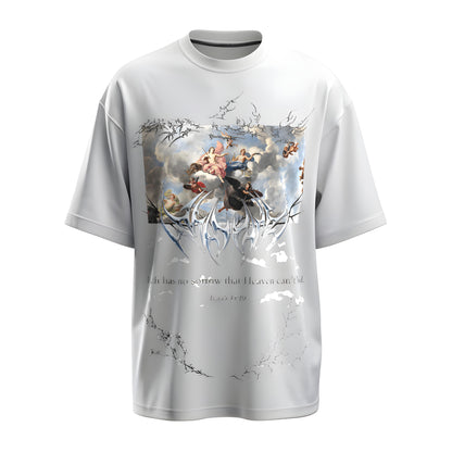 Front view of the limited edition premium oversized white t-shirt from Kashiba U with design inspired by the Faith printed at the back of the t-shirt with spiritual design. Shop trendy clothing from the website of Kashiba U online. Buy Now!