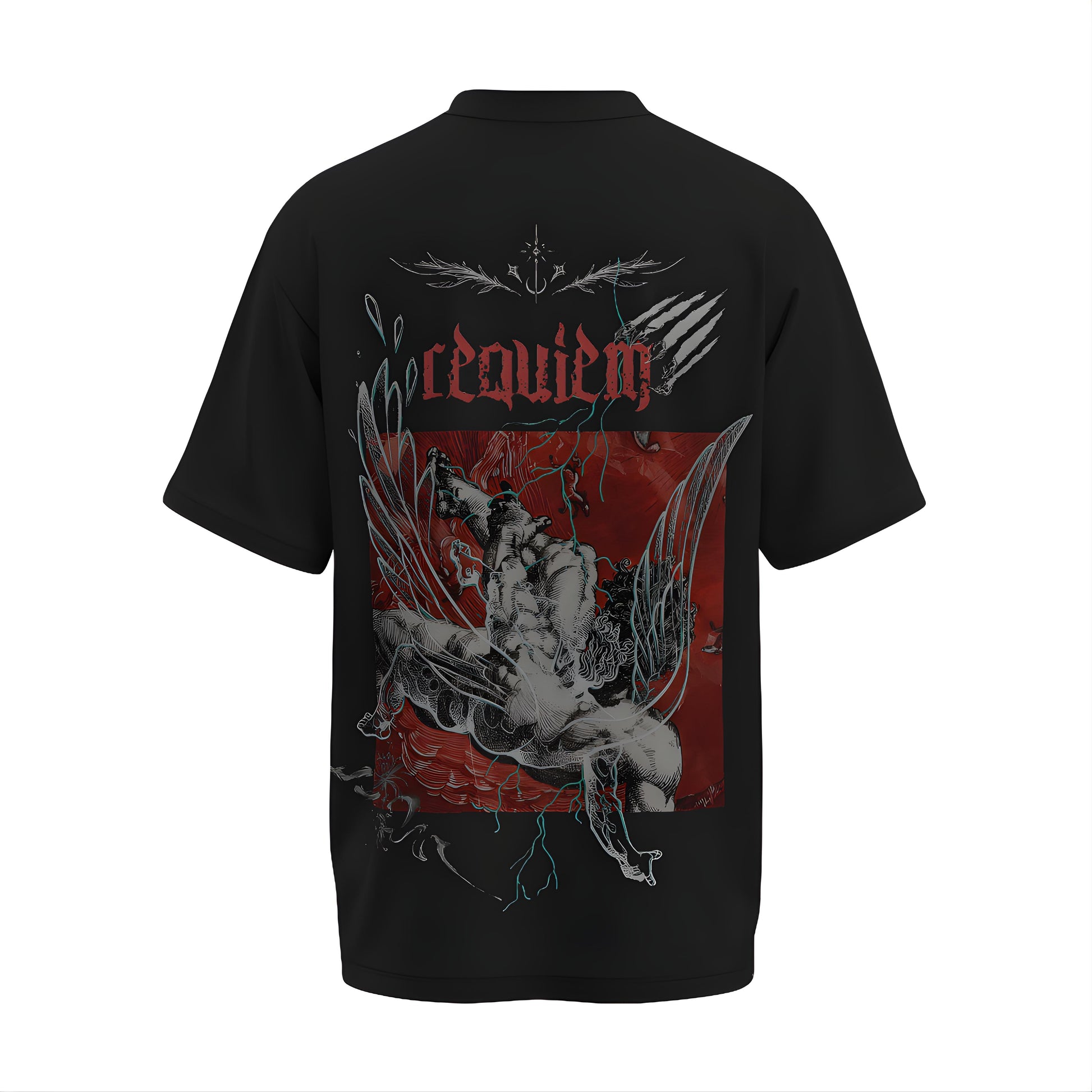 Back view of the premium oversized black t-shirt from Kashiba U with design inspired by the Faith printed at the back of the t-shirt with spiritual design. Shop trendy clothing from the website of Kashiba U online. Buy Now!