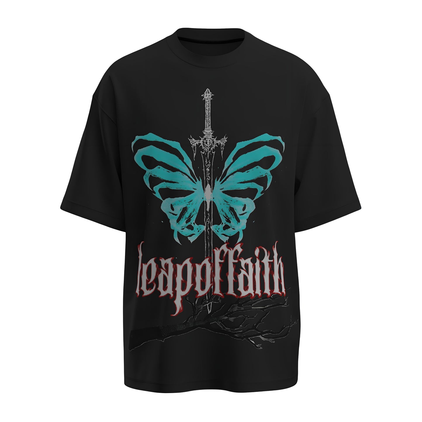 Front view of the premium oversized black t-shirt from Kashiba U with design inspired by the Faith printed at the back of the t-shirt with spiritual design. Shop trendy clothing from the website of Kashiba U online. Buy Now!