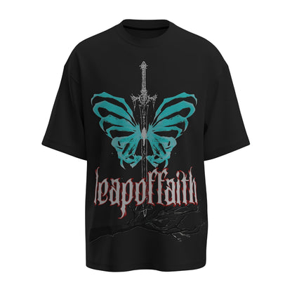 Front view of the premium oversized black t-shirt from Kashiba U with design inspired by the Faith printed at the back of the t-shirt with spiritual design. Shop trendy clothing from the website of Kashiba U online. Buy Now!