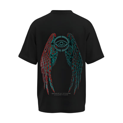 Back view of the premium oversized black t-shirt from Kashiba U with design inspired by the Faith printed at the back of the t-shirt with spiritual design. Shop trendy clothing from the website of Kashiba U online. Buy Now!
