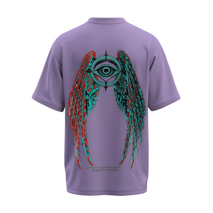 Back view of the premium oversized Iris Lavender t-shirt from Kashiba U with design inspired by the Faith printed at the back of the t-shirt with spiritual design. Shop trendy clothing from the website of Kashiba U online. Buy Now!