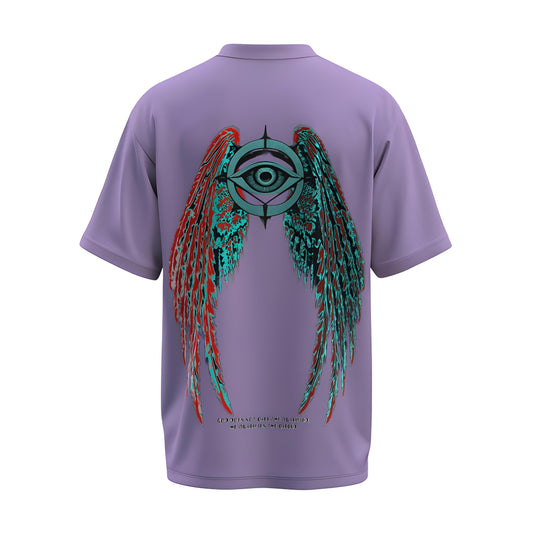 Back view of the premium oversized Iris Lavender t-shirt from Kashiba U with design inspired by the Faith printed at the back of the t-shirt with spiritual design. Shop trendy clothing from the website of Kashiba U online. Buy Now!