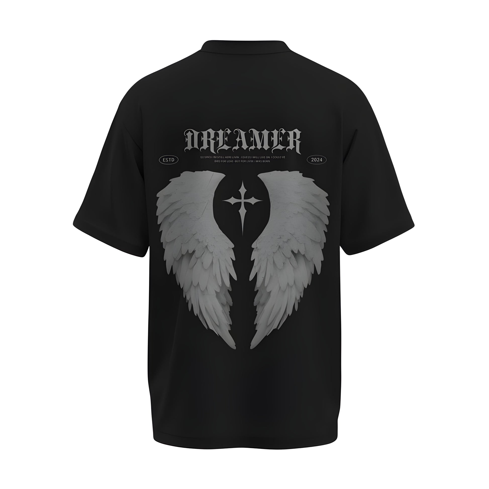 Back view of the premium oversized black t-shirt from Kashiba U with design inspired by the Faith printed at the back of the t-shirt with spiritual design. Shop trendy clothing from the website of Kashiba U online. Buy Now!