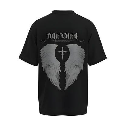 Back view of the premium oversized black t-shirt from Kashiba U with design inspired by the Faith printed at the back of the t-shirt with spiritual design. Shop trendy clothing from the website of Kashiba U online. Buy Now!