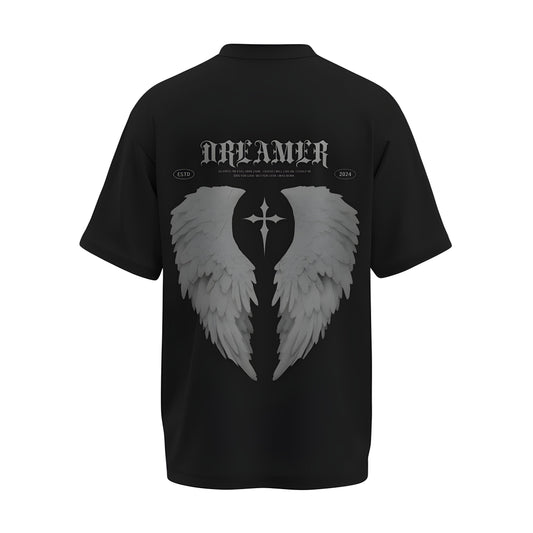 Back view of the premium oversized black t-shirt from Kashiba U with design inspired by the Faith printed at the back of the t-shirt with spiritual design. Shop trendy clothing from the website of Kashiba U online. Buy Now!