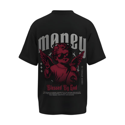 Back view of the premium oversized black t-shirt from Kashiba U with design inspired by the Faith printed at the back of the t-shirt with spiritual design. Shop trendy clothing from the website of Kashiba U online. Buy Now!
Tag- Money T-shirt