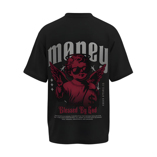 Back view of the premium oversized black t-shirt from Kashiba U with design inspired by the Faith printed at the back of the t-shirt with spiritual design. Shop trendy clothing from the website of Kashiba U online. Buy Now!
Tag- Money T-shirt