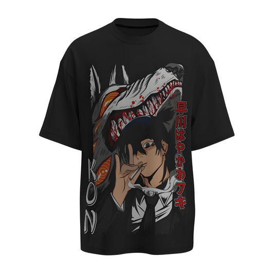 Front view of the premium oversized black t-shirt from Kashiba U with anime design inspired by the Aki Hayakawa with Kon from the anime called Chainsaw Man printed at the front of the t-shirt. Shop trendy anime merch from the website of Kashiba U online. Buy Now!