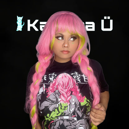 Front view of the model showcasing the premium oversized black t-shirt from Kashiba U with design inspired by Mitsuri from the anime Demon Slayer. Shop trendy premium t-shirt from Kashiba U online. Buy Now!