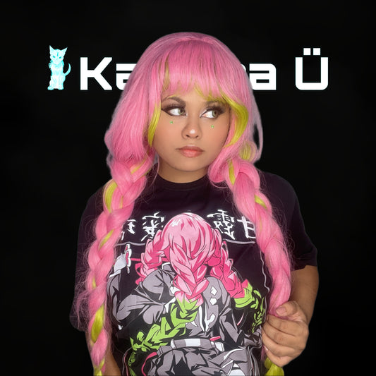 Front view of the model showcasing the premium oversized black t-shirt from Kashiba U with design inspired by Mitsuri from the anime Demon Slayer. Shop trendy premium t-shirt from Kashiba U online. Buy Now!