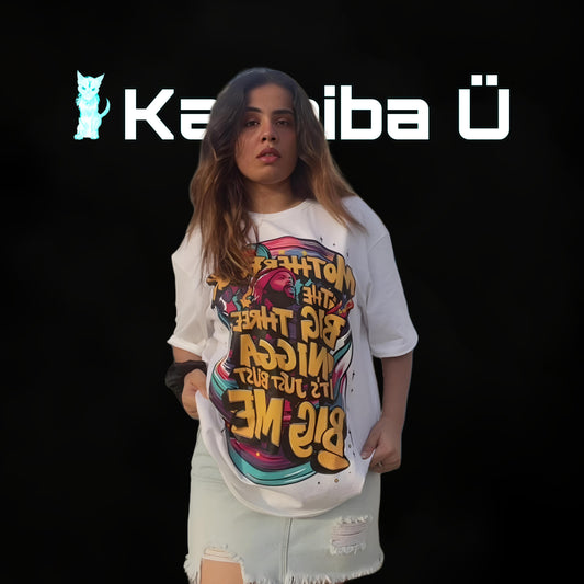 Front view of the model showcasing the premium oversized white t-shirt from Kashiba U with design inspired by Kendrick Lamar from the song Like That. Shop trendy premium t-shirt from Kashiba U online. Buy Now!