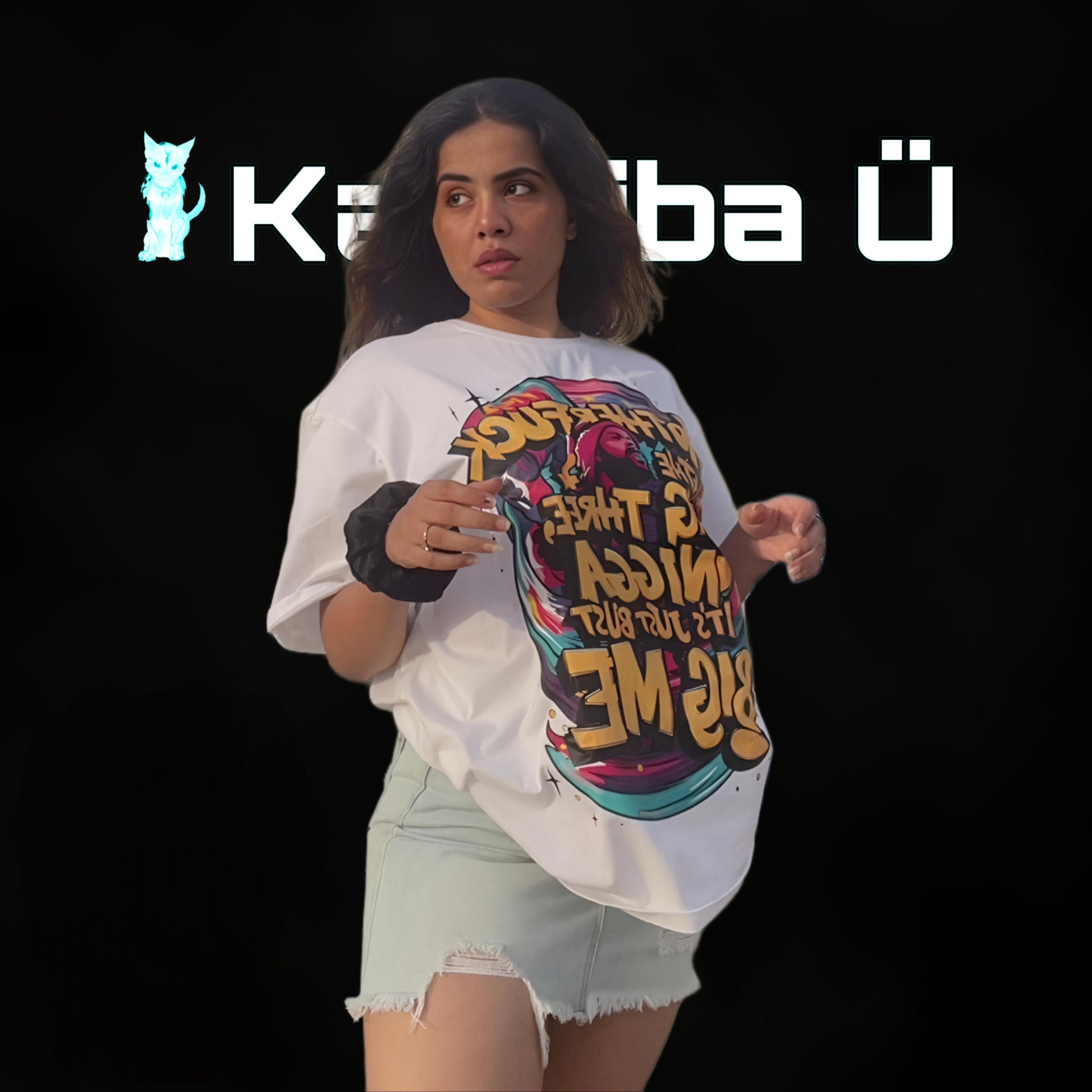 Front view of the model showcasing the premium oversized white t-shirt from Kashiba U with design inspired by Kendrick Lamar from the song Like That. Shop trendy premium t-shirt from Kashiba U online. Buy Now!