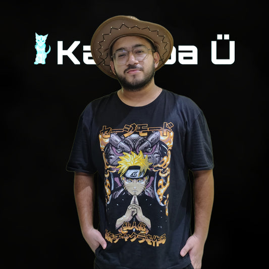 Front view of the model showcasing the premium oversized black t-shirt from Kashiba U with design inspired by Naruto in Sage Mode from the anime Naruto Shippuden. Shop trendy premium t-shirt from Kashiba U online. Buy Now!