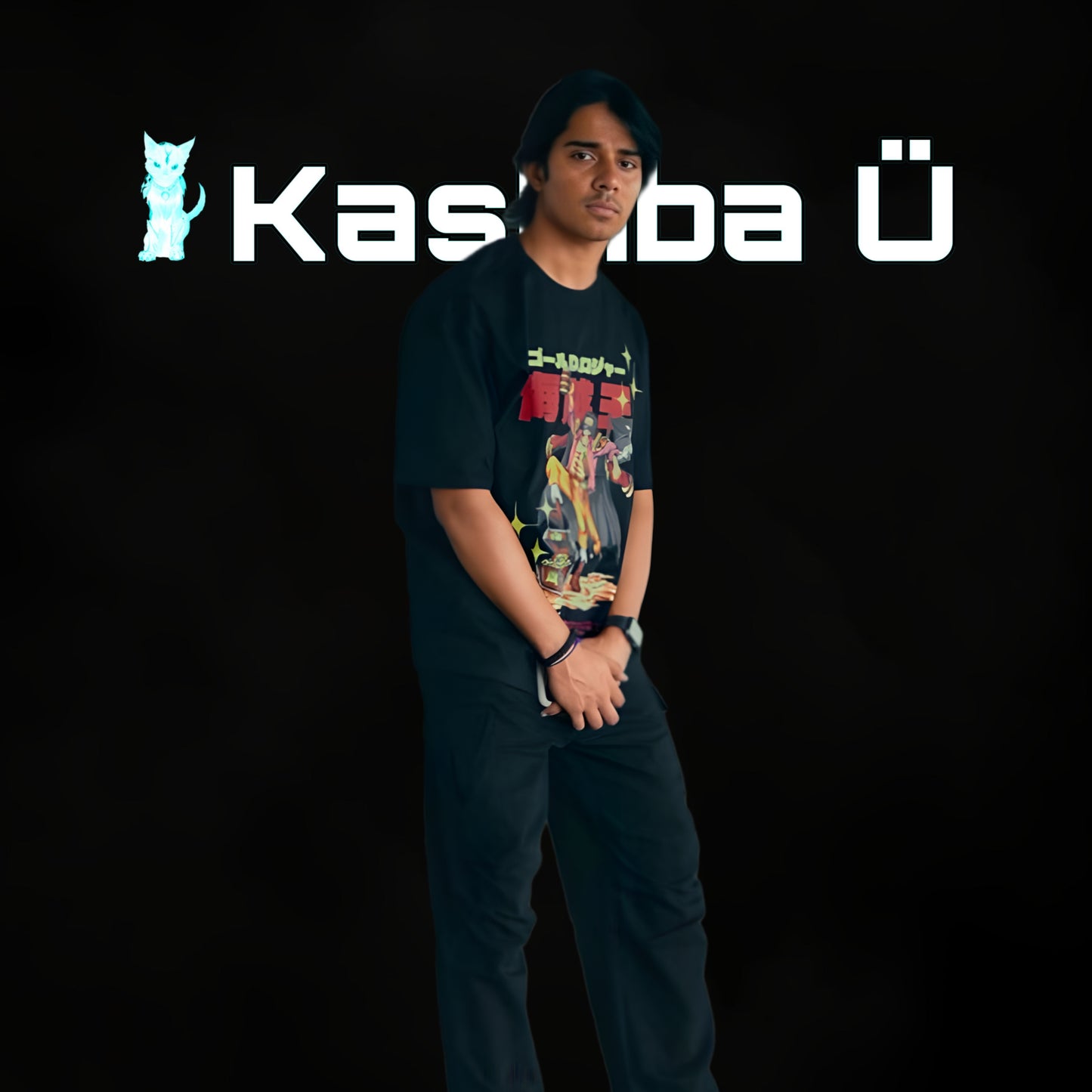 Front view of the model showcasing the premium oversized black t-shirt from Kashiba U with design inspired by the anime character Gol D. Roger from the anime One Piece. Shop trendy premium t-shirt from Kashiba U online. Buy Now!