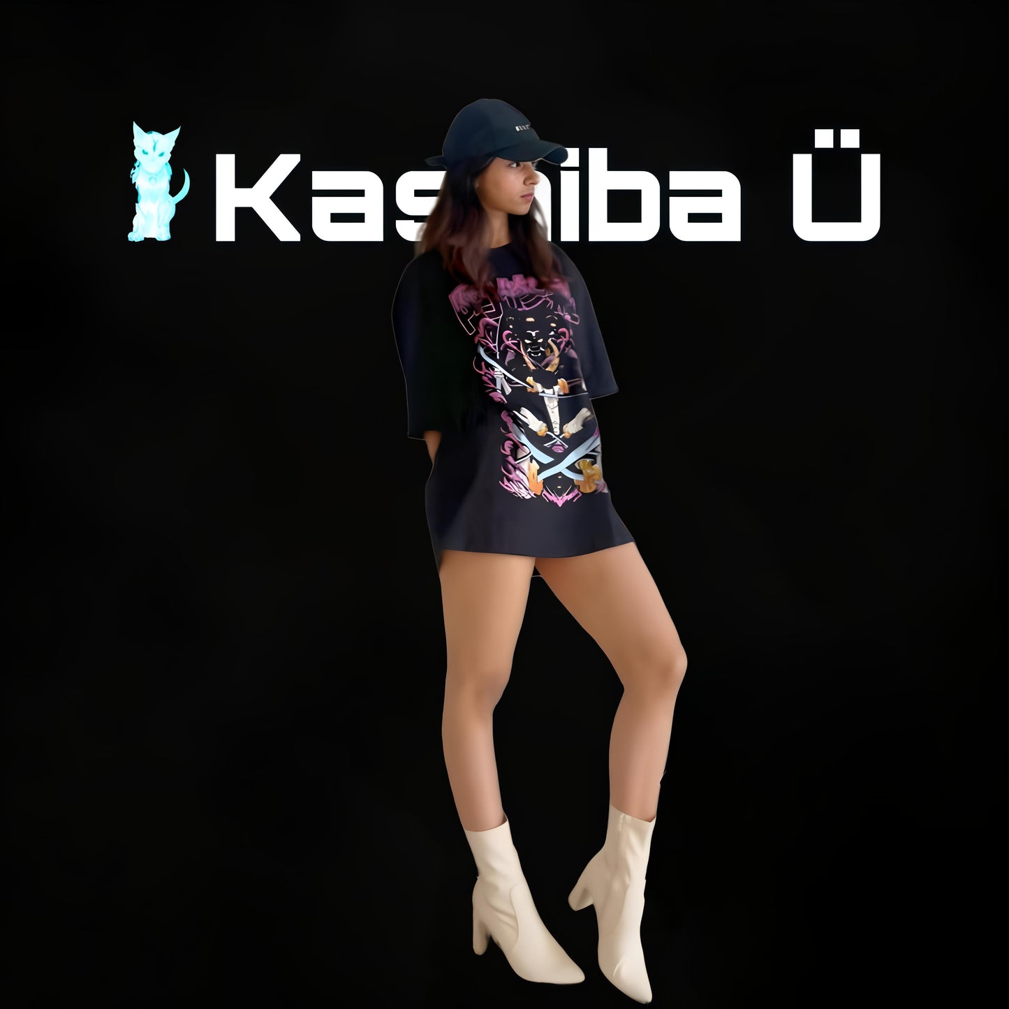 Front view of the model showcasing the premium oversized black t-shirt from Kashiba U with design inspired by Roronoa Zoro from the anime One Piece. Shop trendy premium t-shirt from Kashiba U online. Buy Now!