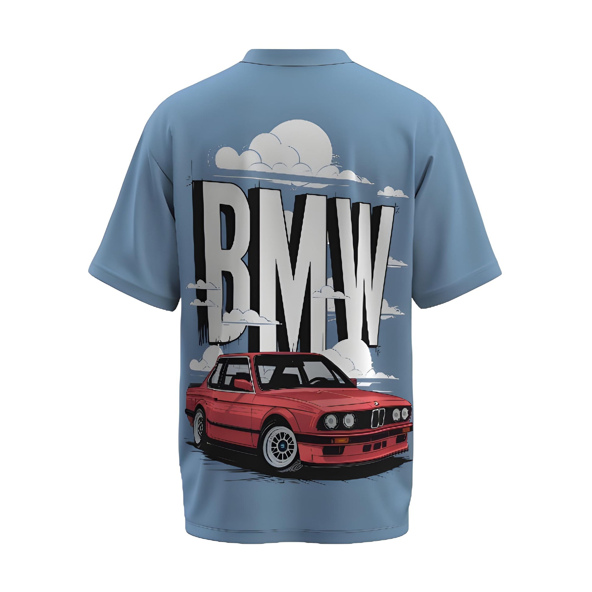 Back view of the premium oversized baby blue t-shirt from Kashiba U with car design inspired by BMW Cars printed at the back of the t-shirt. Shop trendy car t-shirt from the website of Kashiba U online. Buy Now!