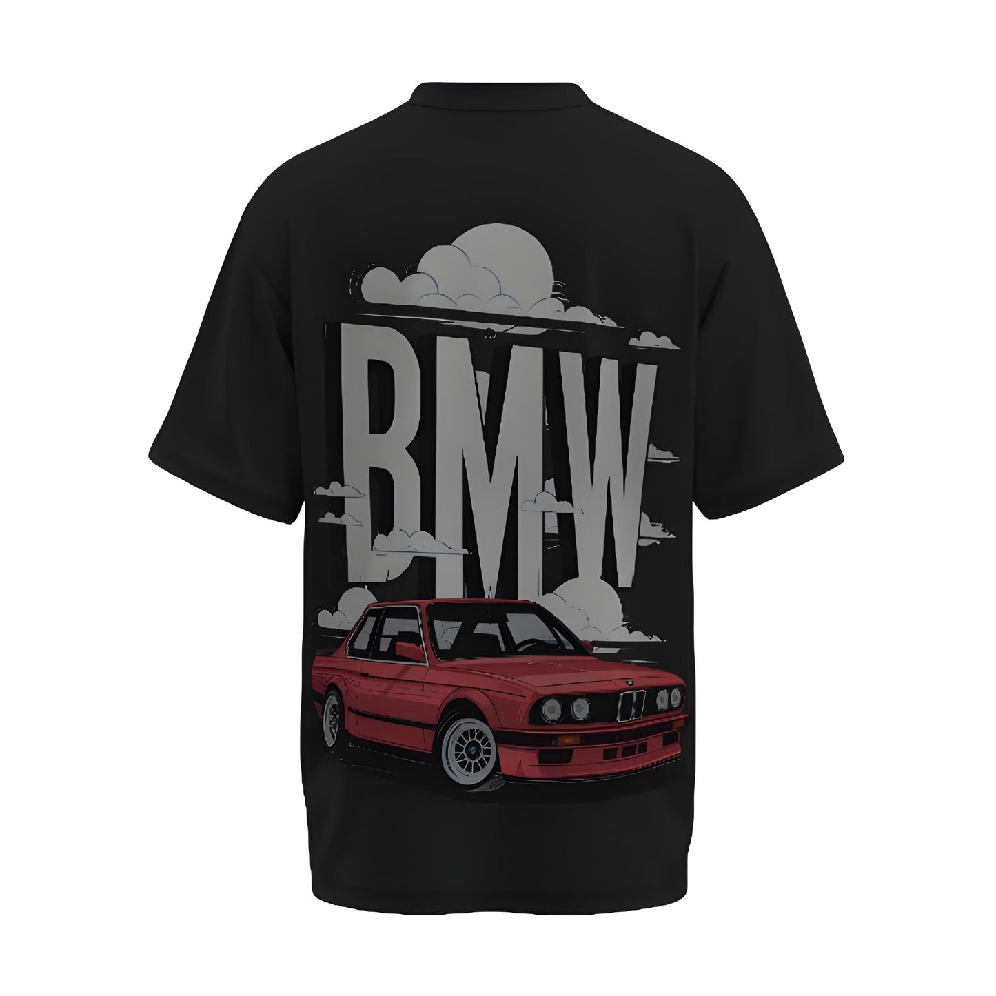 Back view of the premium oversized black t-shirt from Kashiba U with car design inspired by BMW Cars printed at the back of the t-shirt. Shop trendy car t-shirt from the website of Kashiba U online. Buy Now!