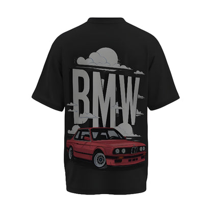 Back view of the premium oversized black t-shirt from Kashiba U with car design inspired by BMW Cars printed at the back of the t-shirt. Shop trendy car t-shirt from the website of Kashiba U online. Buy Now!