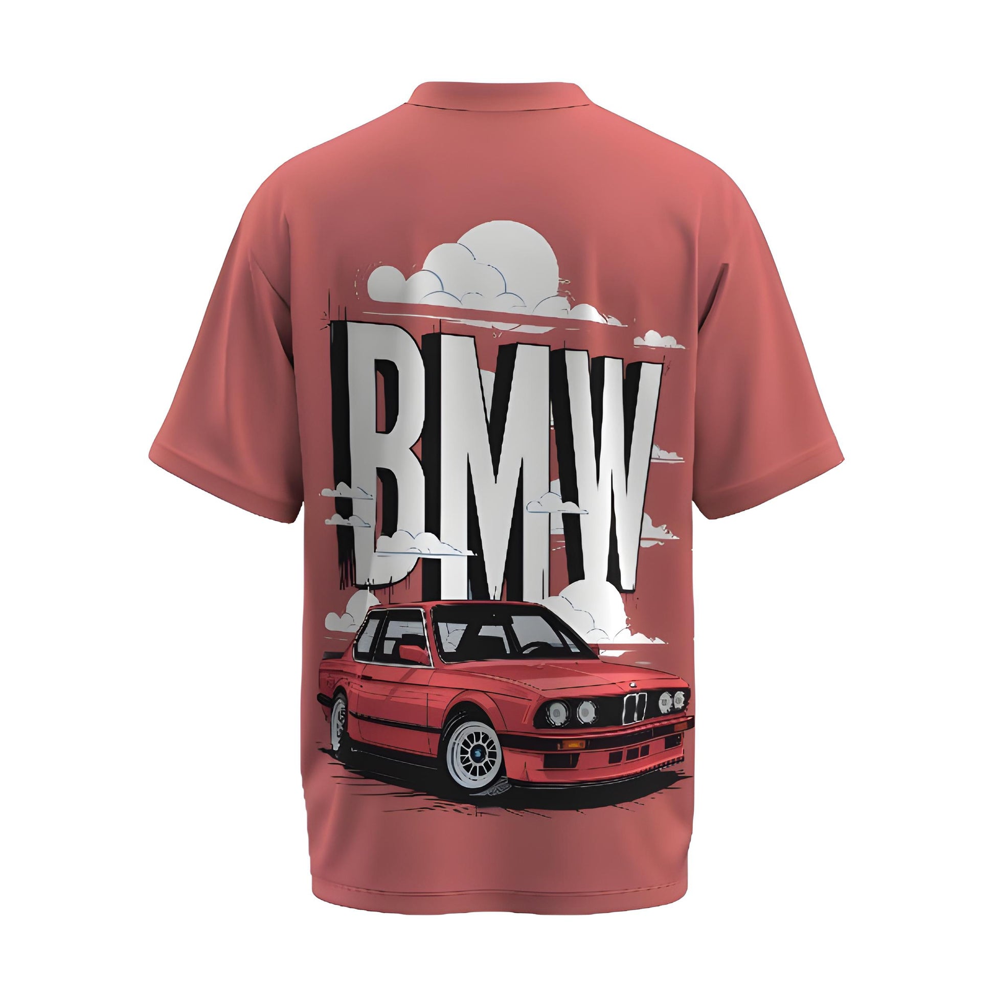 Back view of the premium oversized dusty rose t-shirt from Kashiba U with car design inspired by BMW Cars printed at the back of the t-shirt. Shop trendy car t-shirt from the website of Kashiba U online. Buy Now!