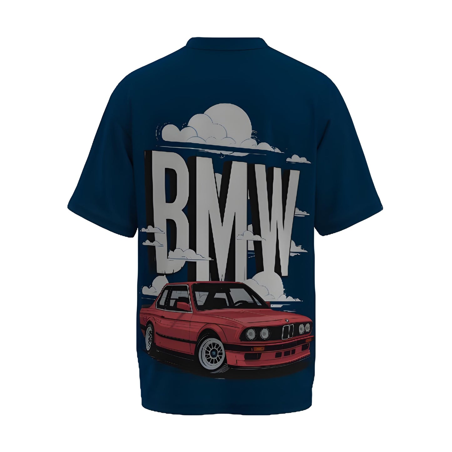 Back view of the premium oversized navy blue t-shirt from Kashiba U with car design inspired by BMW Cars printed at the back of the t-shirt. Shop trendy car t-shirt from the website of Kashiba U online. Buy Now!