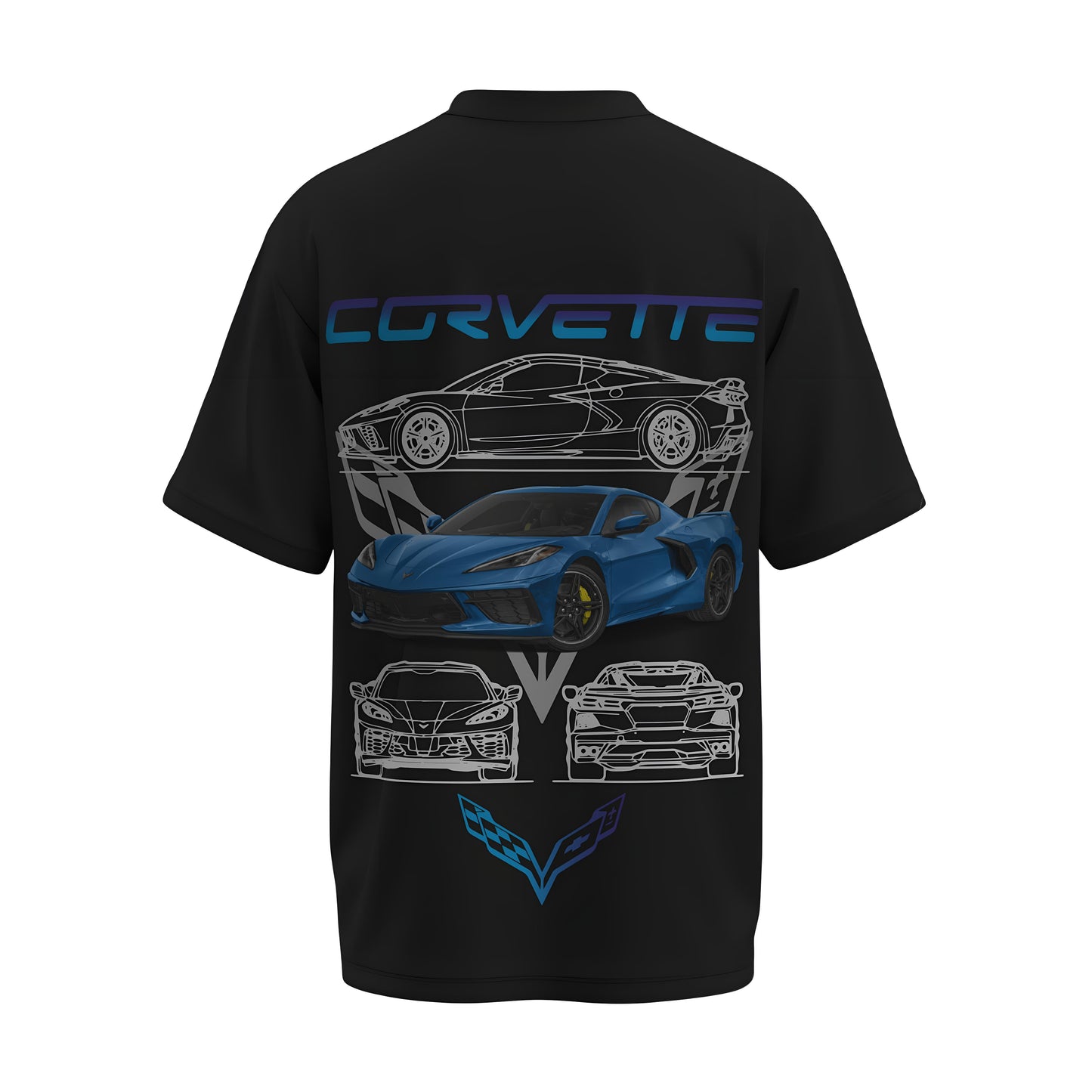 Back view of the premium oversized black t-shirt from Kashiba U with car design inspired by Corvette printed at the back of the t-shirt. Shop trendy car t-shirt from the website of Kashiba U online. Buy Now!