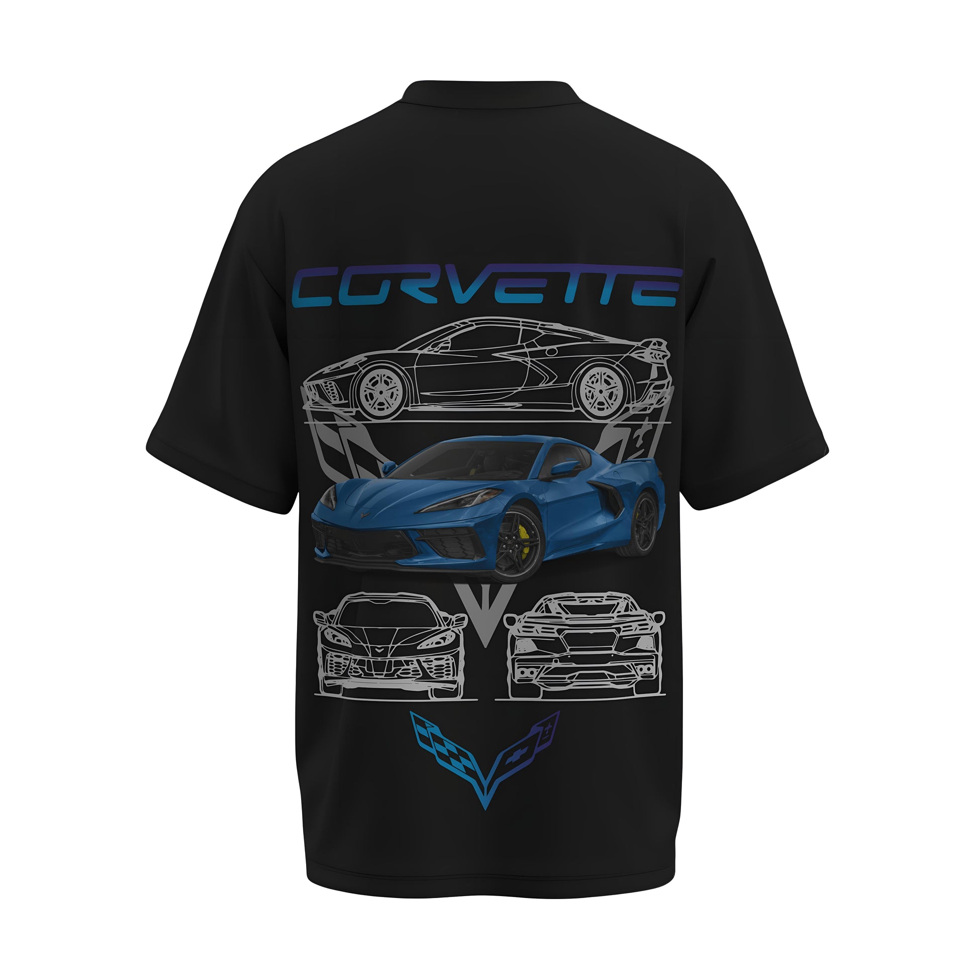 Back view of the premium oversized black t-shirt from Kashiba U with car design inspired by Corvette printed at the back of the t-shirt. Shop trendy car t-shirt from the website of Kashiba U online. Buy Now!