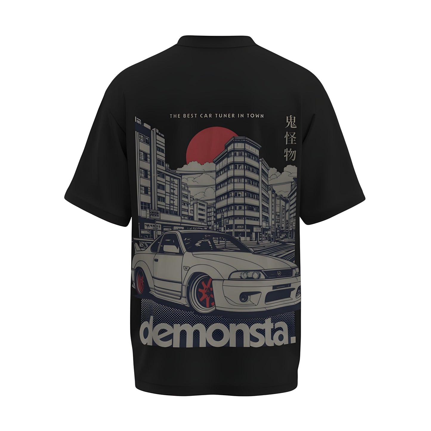 Back view of the premium oversized black t-shirt from Kashiba U with car design inspired by Nissan GTR printed at the back of the t-shirt. Shop trendy car t-shirt from the website of Kashiba U online. Buy Now!
