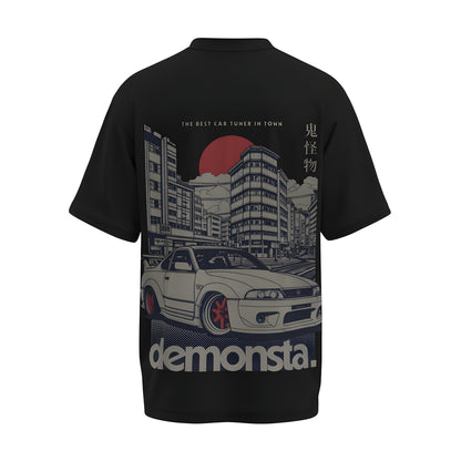 Back view of the premium oversized black t-shirt from Kashiba U with car design inspired by Nissan GTR printed at the back of the t-shirt. Shop trendy car t-shirt from the website of Kashiba U online. Buy Now!