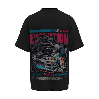 Back view of the premium oversized black t-shirt from Kashiba U with car design inspired by Nissan GTR and an Anime Girl printed at the back of the t-shirt. Shop trendy car t-shirt from the website of Kashiba U online. Buy Now!